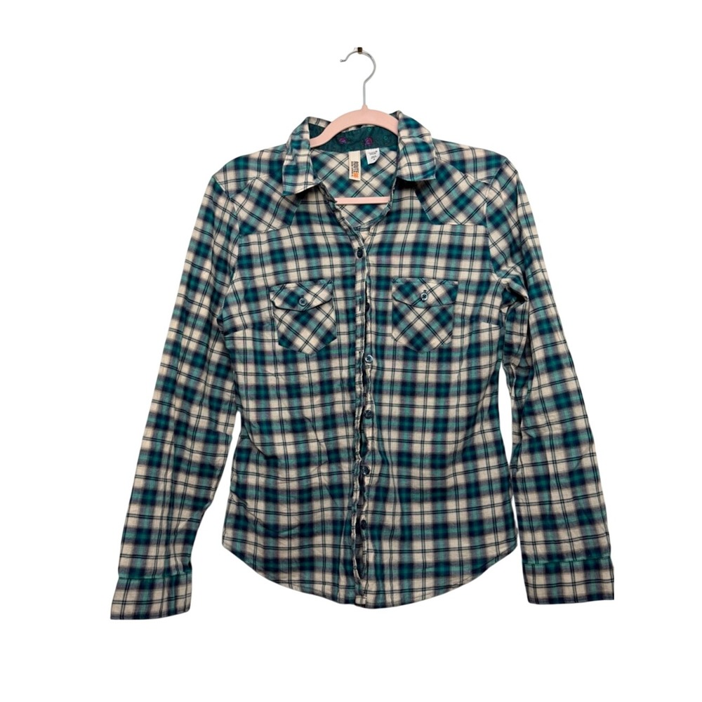 Route 66 Womens Teal Plaid Western Button Down Shirt Long Sleeve Cotton Medium